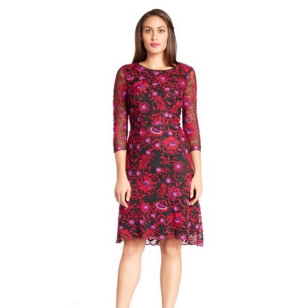 Adrianna Papell Red Floral Lace Midi Dress